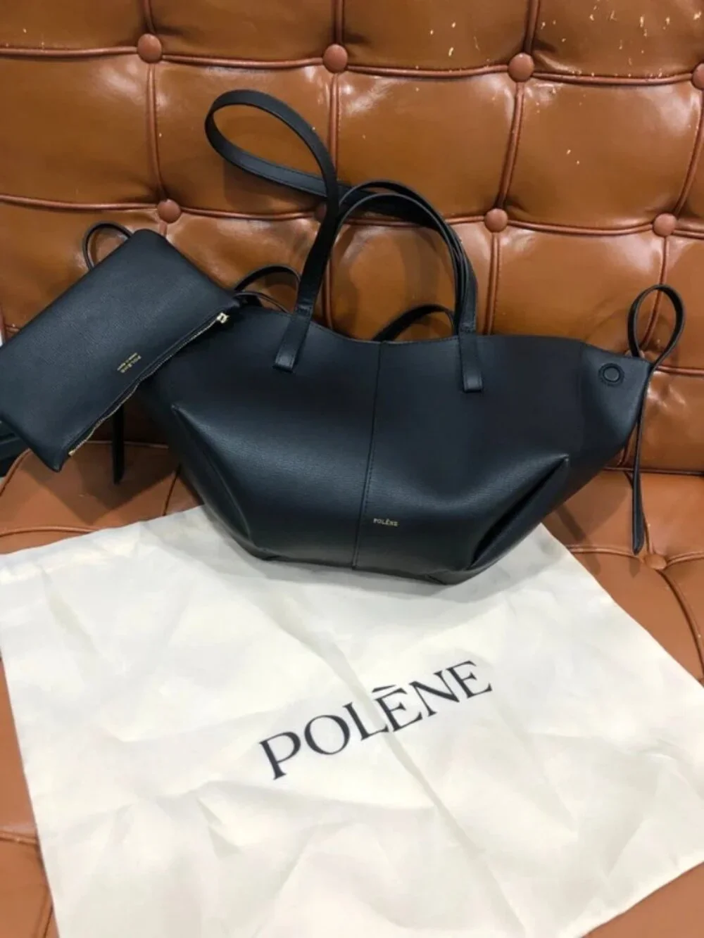 Polene Cyme Mini Black Textured Leather Tote Bag